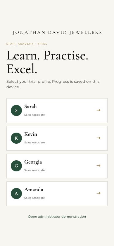 Jonathan David Jewellers Staff Academy homepage shown on an iPhone
